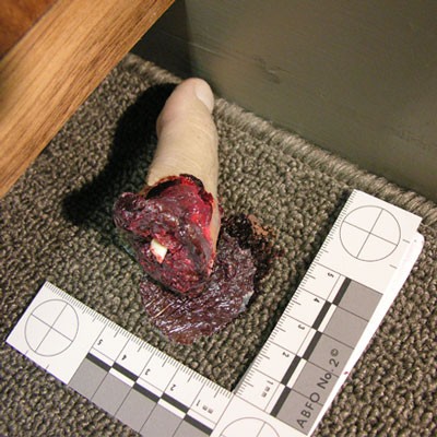 Severed human finger on carpet with an evidence scale